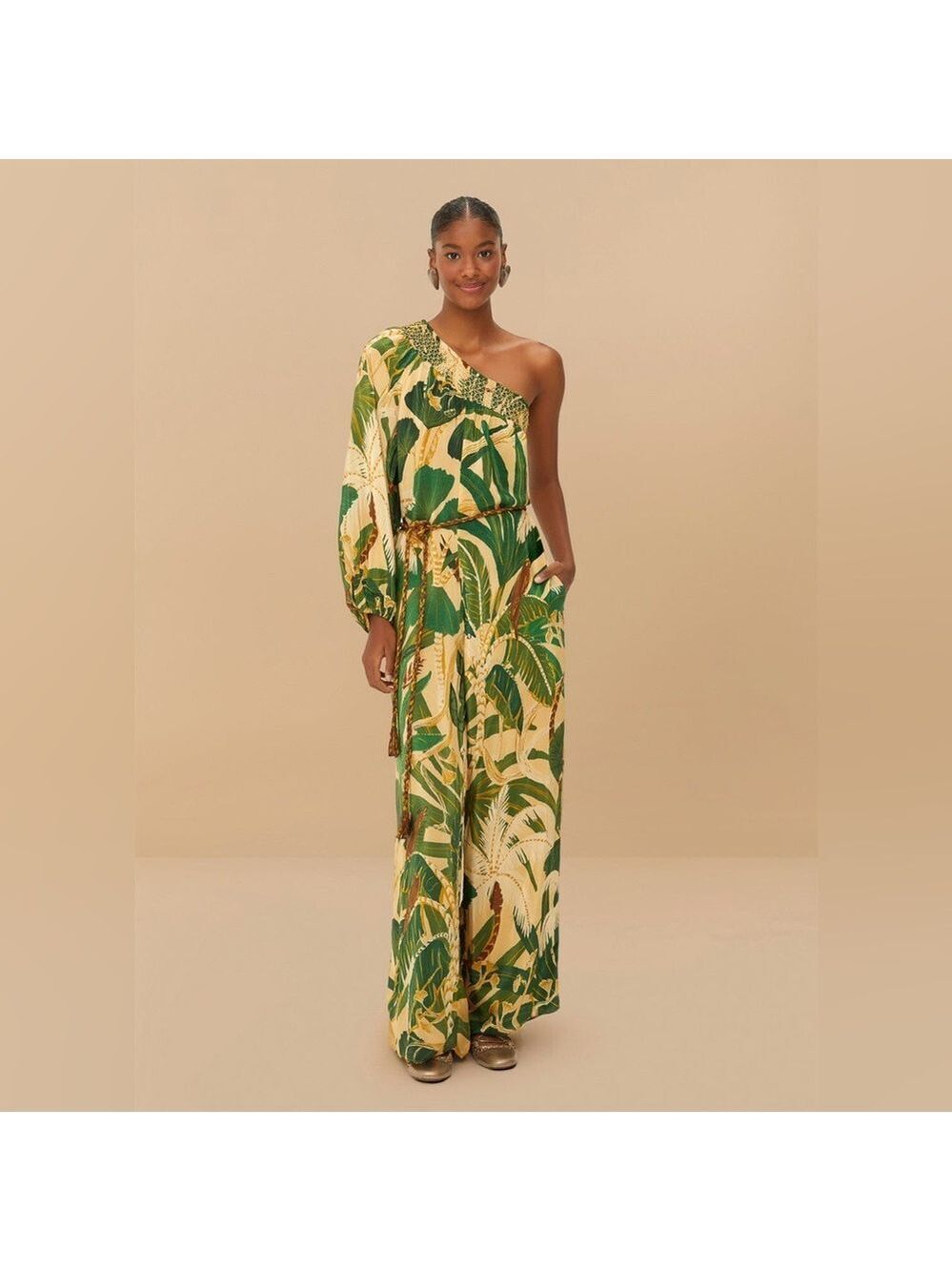 Farm Rio Beige Tropical Isla One-Shoulder Jumpsuit